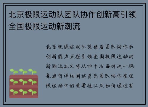 北京极限运动队团队协作创新高引领全国极限运动新潮流